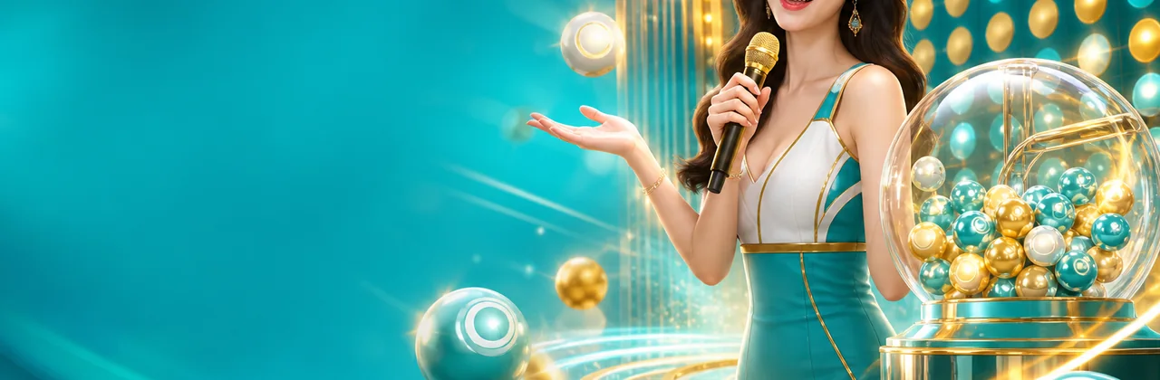 Banner xổ số với quả cầu số phát sáng và bảng thống kê
