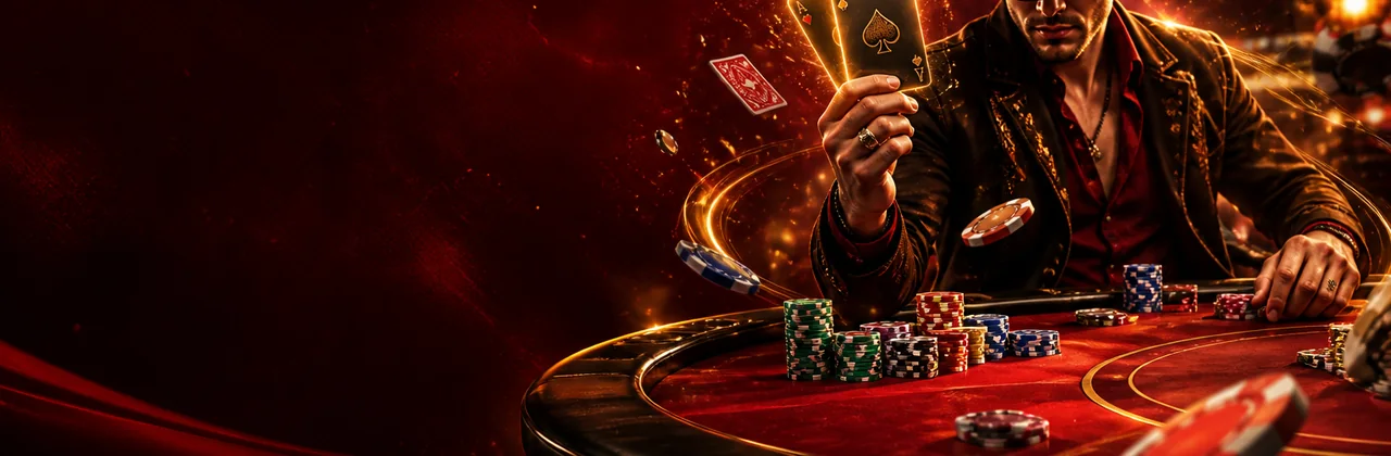 Banner poker với bàn bài, chip và ánh sáng đỏ