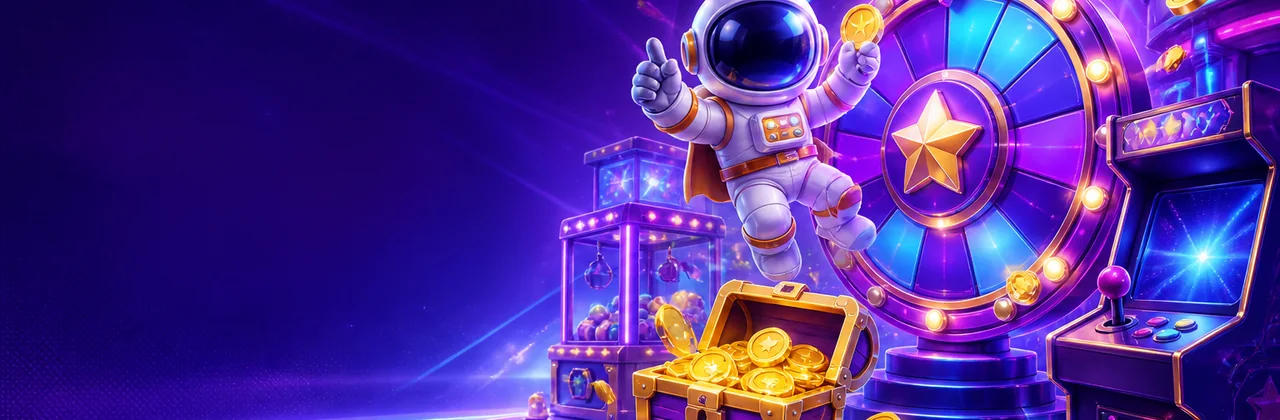 Banner sảnh game với máy arcade và rương kho báu