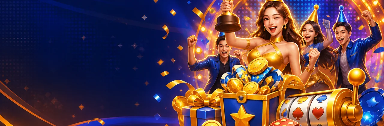 Banner sự kiện với cúp, huy hiệu và pháo giấy